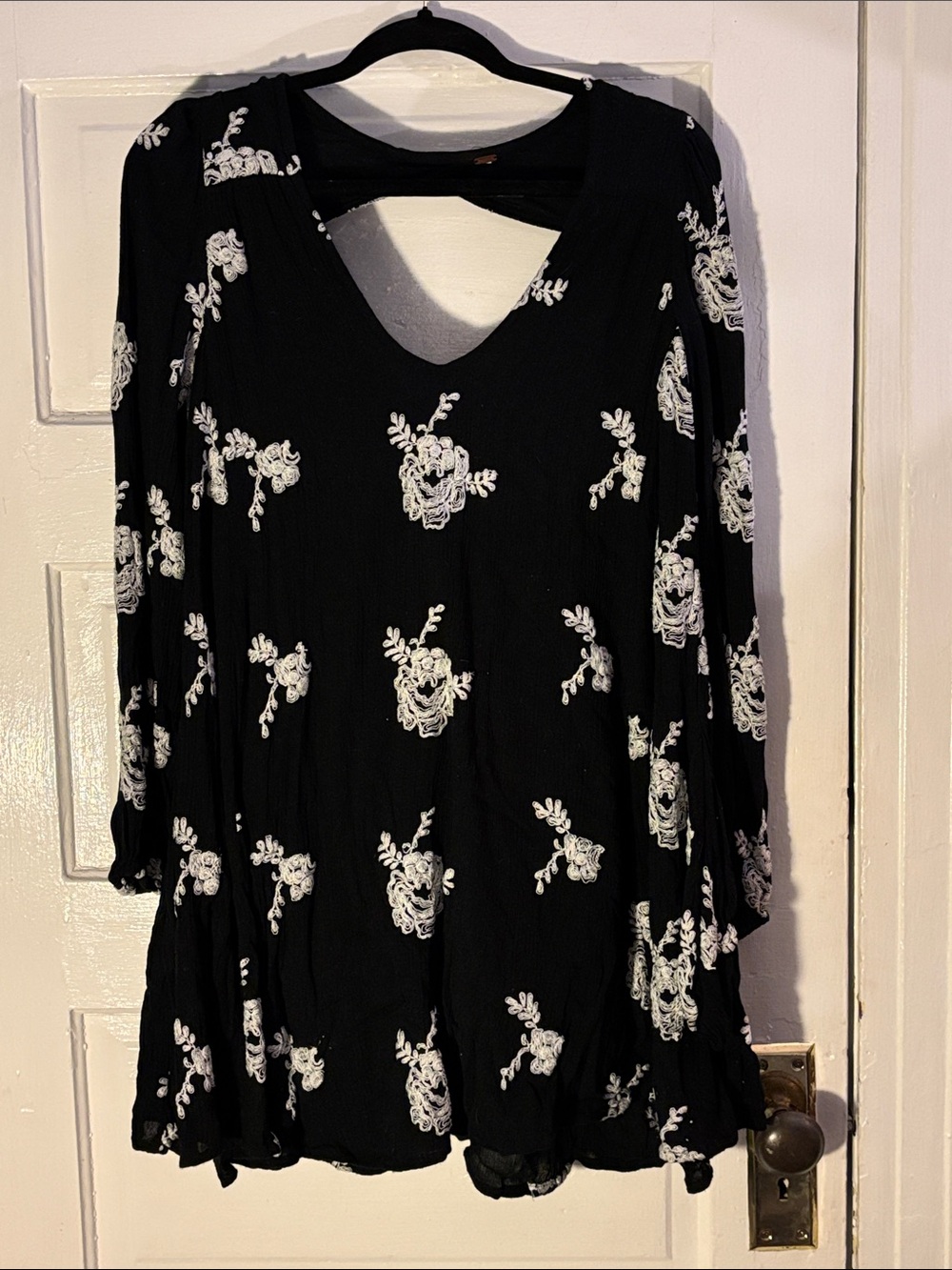 Black Floral Embroidered V-Neck Free People Swing Mini Dress